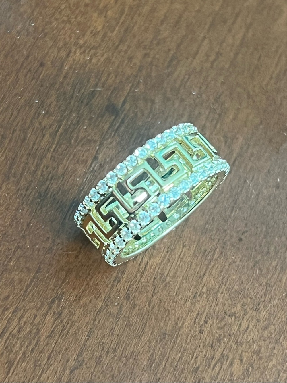 Gold Greek Key Pave Band Ring with Clear CZ Accents - Women Jewelry nip